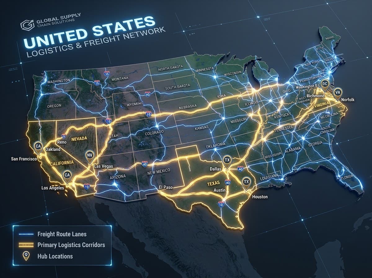 TransLogix US freight routes and coverage map connecting California, Texas, Nevada and Virginia